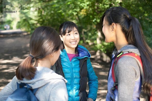 Drei junge Wanderinnen im Gespräch auf der Landstraße