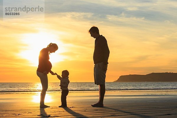 Familie und Kleinkind spielen am Strand bei Sonnenuntergang  San Diego  Kalifornien  USA