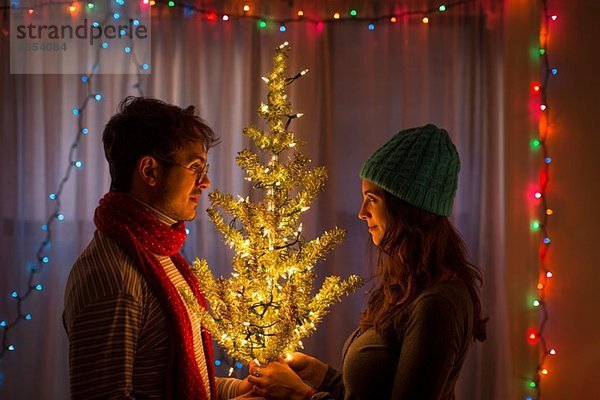 Junges Ehepaar hält beleuchteten Weihnachtsbaum