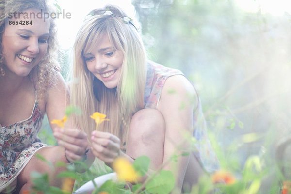 Zwei Teenager-Mädchen pflücken Wildblumen im Wald