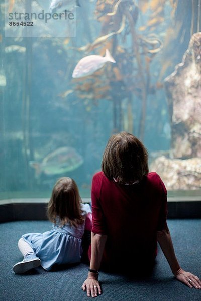 Junges Mädchen und Großmutter beobachten Fische im Aquarium