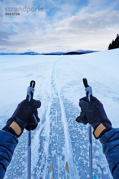 Männliche Arme halten Skipole in großer Landschaft  Colter Bay  Wyoming  USA