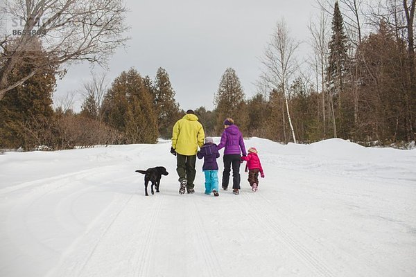 Mutter und Vater mit zwei Kindern und Hund  Spaziergang im Schnee  Rückansicht