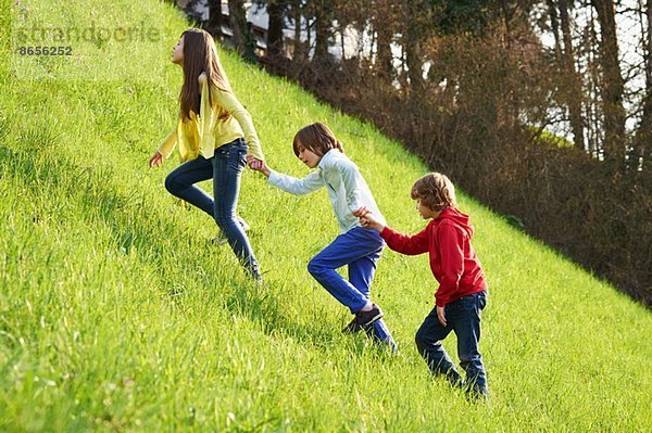 Schwester und jüngere Brüder klettern auf grasbewachsenes Feld