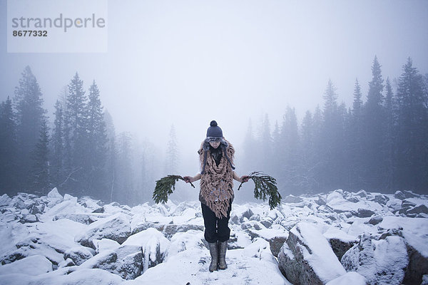Felsbrocken  Europäer  Frau  bedecken  Baum  halten  Ast  Schnee