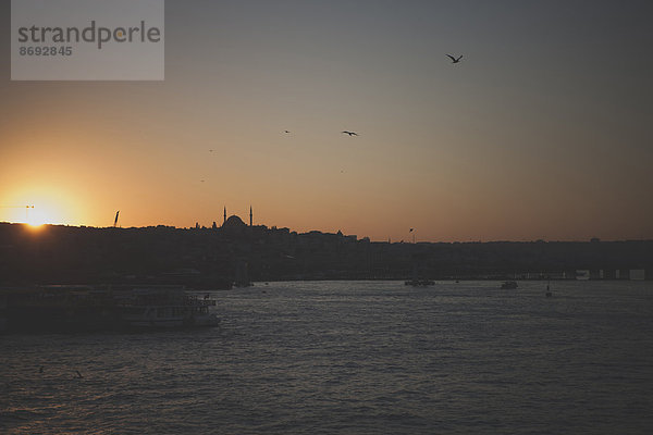 Türkei  Sonnenuntergang über istanbul am Eminonu Dock