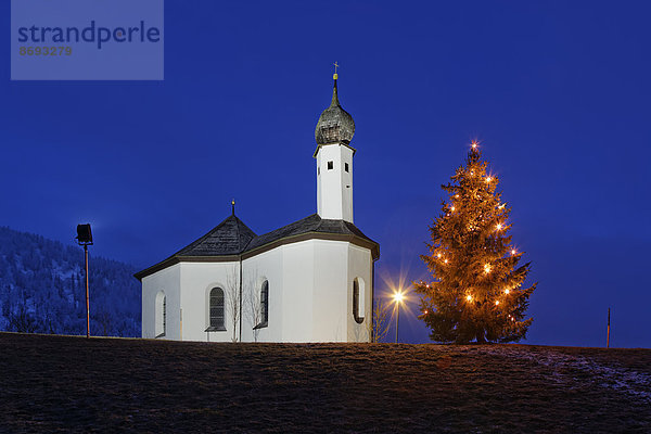 Österreich  Tirol  Achenkirch  Blick auf die St. Anna Kirche und beleuchteten Weihnachtsbaum bei Nacht