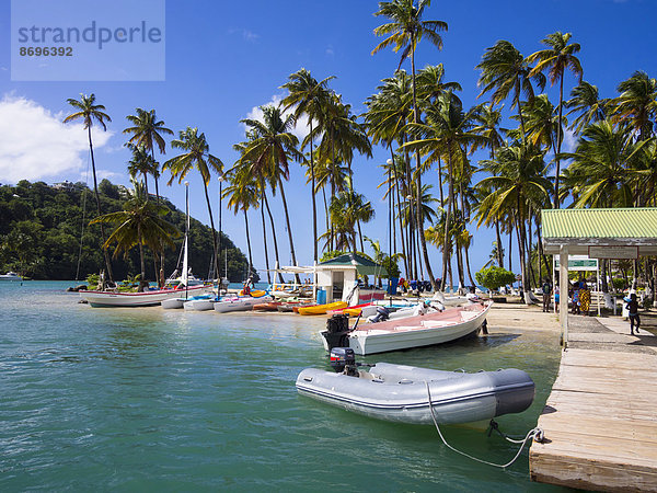 Palmen am Sandstrand mit Booten in der Marigot Bay  Region Castries  St. Lucia  Inseln über dem Winde  Kleine Antillen  St. Lucia