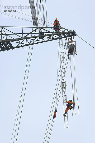 Freileitungsmonteure bei Leiterseilzugarbeiten auf der Traverse eines neu errichteten Höchstspannungsmastes  Mönchenholzhausen  Thüringen  Deutschland