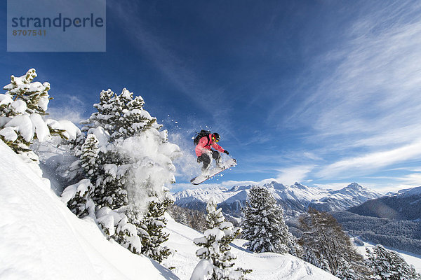 Snowboarder springt über Bäume  St. Moritz  Engadin  Graubünden  Schweiz