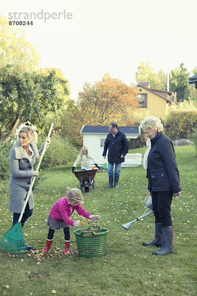 Familie  die Herbstlaub auf dem Hof reibt