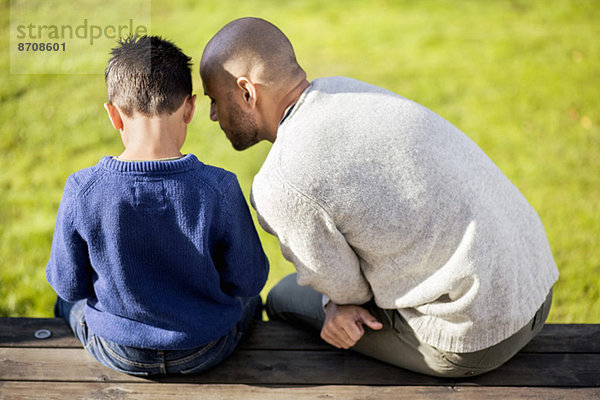 Rückansicht von Vater und Sohn auf dem Hof