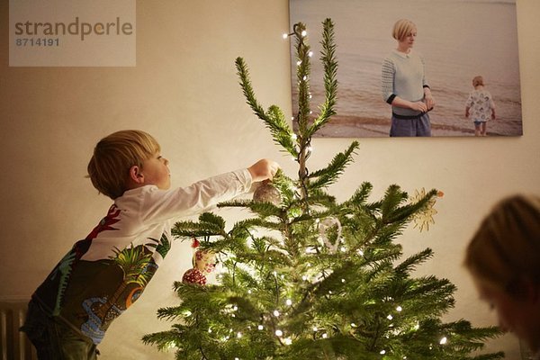 Kleiner Junge setzt Lichter auf den Weihnachtsbaum