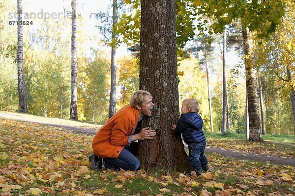 Vater und Sohn spielen am Fuße des Baumes