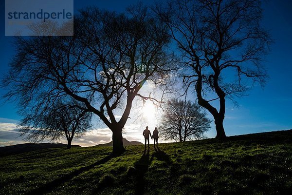 Ein junges Paar hält Hände auf dem Calton Hill in Edinburgh  der Hauptstadt Schottlands.