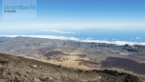 Vulkanlandschaft  Überblick vom Pico del Teide  3718m  auf Hochebene Llano de Uruanca  Parque Nacional de las Cañadas del Teide  Teide-Nationalpark  UNESCO Weltnaturerbe  Teneriffa  Kanarische Inseln  Spanien