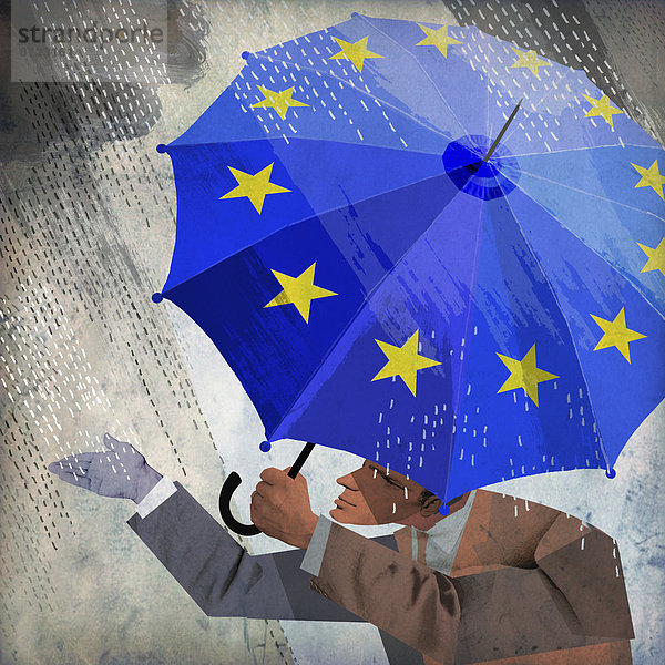 Geschäftsmann unter einem Regenschirm der Europäischen Union testet den Regen