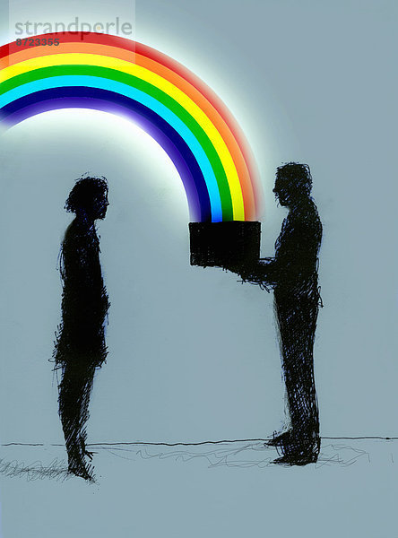 Geschäftsmann gibt einer Geschäftsfrau einen Kasten mit einem Regenbogen