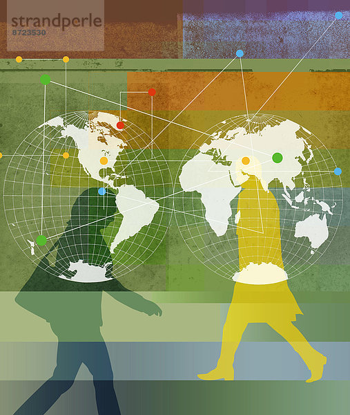 Verbundene Kreise und Linien auf Weltkarten über den Silhouetten eines Geschäftsmannes und einer Geschäftsfrau