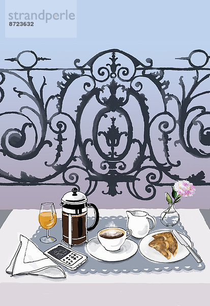 Frühstück und Handy auf einem eleganten Balkontisch für zwei