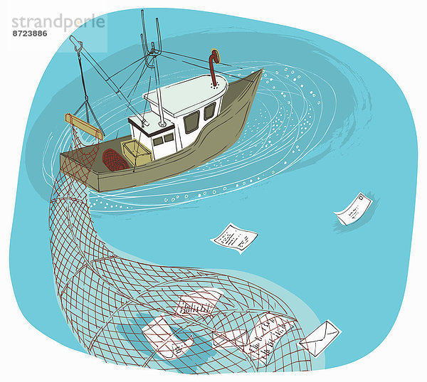 Fischerboot fängt mit einem Netz Informationen ein