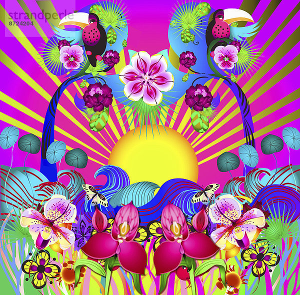 Leuchtend bunte psychedelische Sonnenstrahlen  Blumen und Vögel