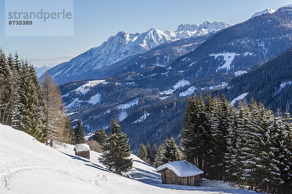 Winterlandschaft  Lesachtal  hinten die Karnischen Alpen  Kärnten  Österreich