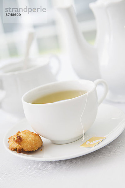 Zuckerdose  Teetasse  Studioaufnahme  Teekanne  Tasse  weiß  Teller  Untertasse  Kokosnuss  Porzellan  Tee