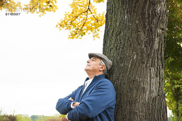 angelehnt  Senior  Senioren  Portrait  Mann  Baum  Baden-Württemberg  Deutschland