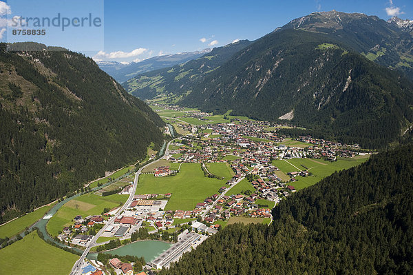 aerial photo Ahornspitze Austria buildings daytime high-angle shot houses landscape Mayrhofen mountain landscape mountains mountains nature nobody overview small town Steinerkogel townscape travel photography Tyrol valley view Zillertal