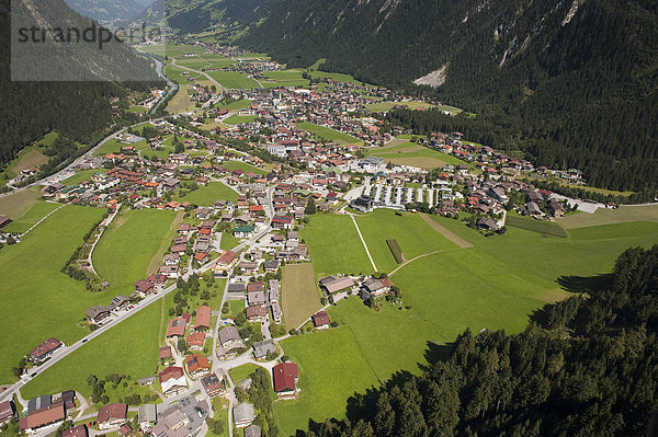aerial photo Austria buildings daytime high-angle shot houses landscape Mayrhofen mountains nobody overview small town townscape travel photography Tyrol valley Zillertal