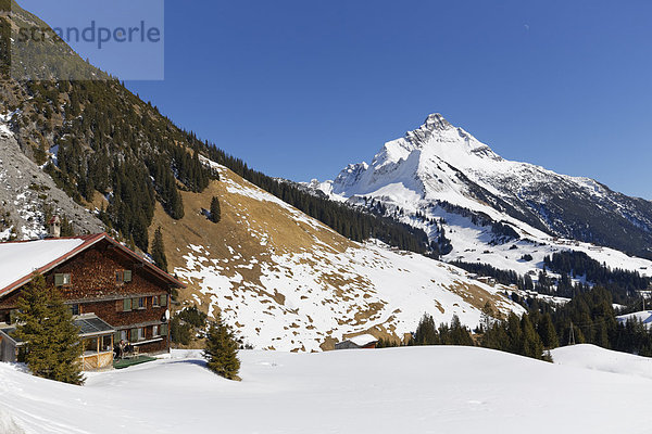 Hütte in Warth  Bregenzerwald  Vorarlberg  hinten Biberkopf in Tirol  Österreich