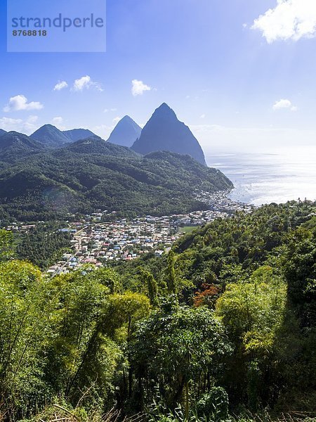 Caribbean  St. Lucia  View on Soufriere with volcanos Gros Piton and Petit Piton