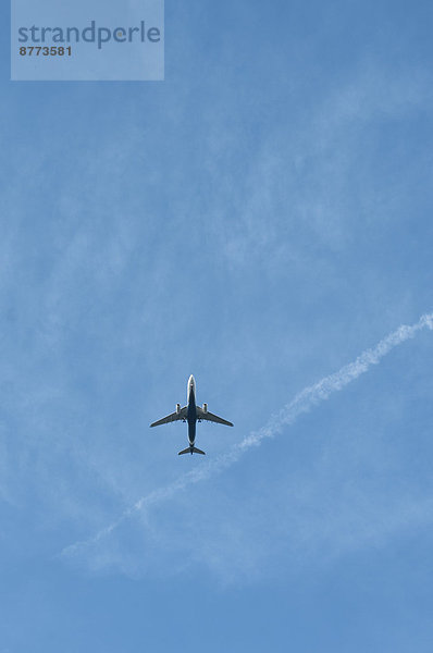 Deutschland  Hessen  Frankfurt  Flugzeug vor blauem Himmel  extremes Wurmauge