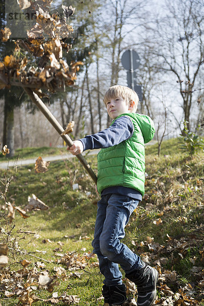 Junge mit Rechen wirft Herbstlaub in die Luft
