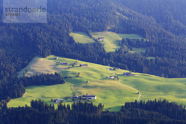 Österreich  Tirol  Kitzbüheler Alpen  Blick von der Hohen Salve ins Brixental  Streusiedlung Grubenberg