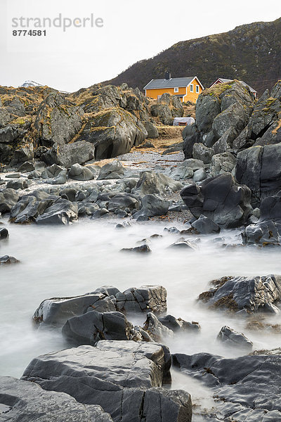 Skandinavien  Norwegen  Lofoten  einsames Haus an der Küste von Gimsoy