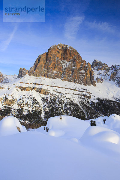 Felsbrocken  Panorama  Trentino Südtirol  Europa  Schneedecke  Berg  Winter  Berggipfel  Gipfel  Spitze  Spitzen  Himmel  Steilküste  Schnee  Alpen  blau  Ansicht  Sonnenlicht  Dolomiten  Italien  Bergmassiv