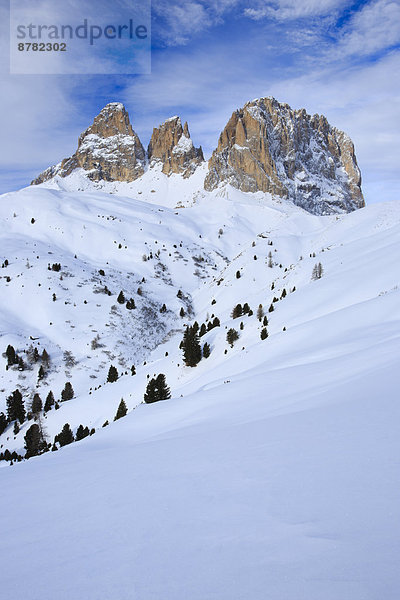 Felsbrocken  Panorama  Trentino Südtirol  Europa  Schneedecke  Berg  Winter  Berggipfel  Gipfel  Spitze  Spitzen  Himmel  Steilküste  Schnee  Alpen  blau  Ansicht  Sonnenlicht  Dolomiten  Italien  Bergmassiv  steil