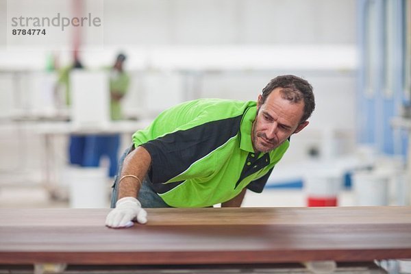 Schreiner bei der Qualitätskontrolle von Holz in der Werkstatt