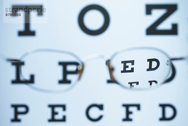 Brillen mit einer myopischen Linse (negativ) und der anderen fehlt  werden verwendet  um die Snellen-Augendiagramme zu betrachten. Das Bild ist scharf  wenn man durch das Objektiv schaut.