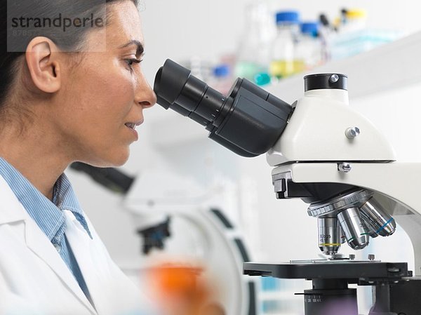 Wissenschaftlerin beim Betrachten von Objektträgern für klinische Tests im Labor