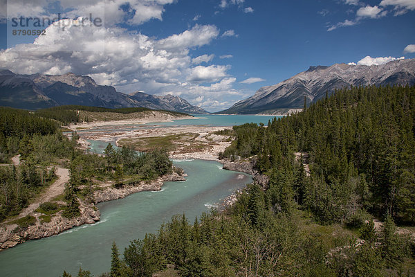 Landschaftlich schön landschaftlich reizvoll Wasser Berg Baum Landschaft Wald See Fluss Bach Holz Nordamerika Abraham Lake Alberta Kanada