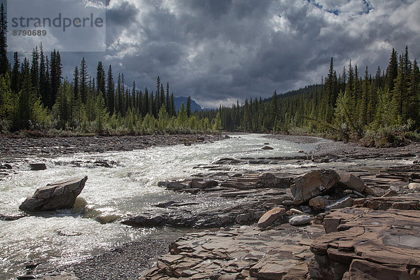 Landschaftlich schön  landschaftlich reizvoll  Wasser  Beleuchtung  Licht  Landschaft  Fluss  Nordamerika  Wasserfall  Alberta  Kanada  Stimmung