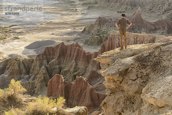 Vereinigte Staaten von Amerika  USA  Felsbrocken  Mann  Amerika  Landschaft  Hut  Wüste  Natur  Steppe  Außenaufnahme  Westen  Wyoming