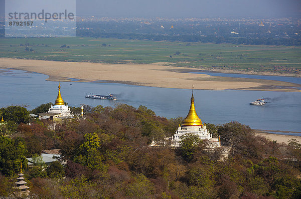 Hügel Reise Architektur bunt Fluss Tourismus Myanmar Asien Pagode Sagaing Stupa