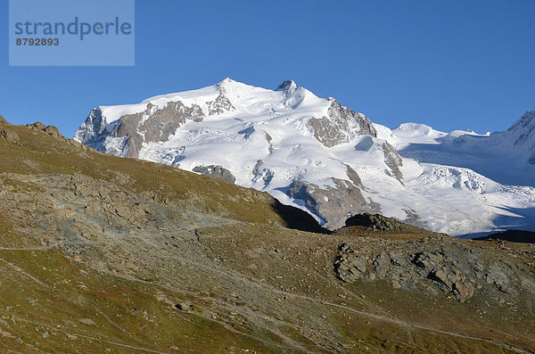Felsbrocken Europa Berg Sport Sommer Natur Alpen Monte Rosa Gletscher Saas Fee schweizerisch Schweiz Zermatt