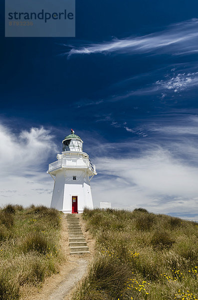 Leuchtturm mit Weg und Treppe am Waipapa Point  Otara  Fortrose  Southland  Südinsel  Neuseeland
