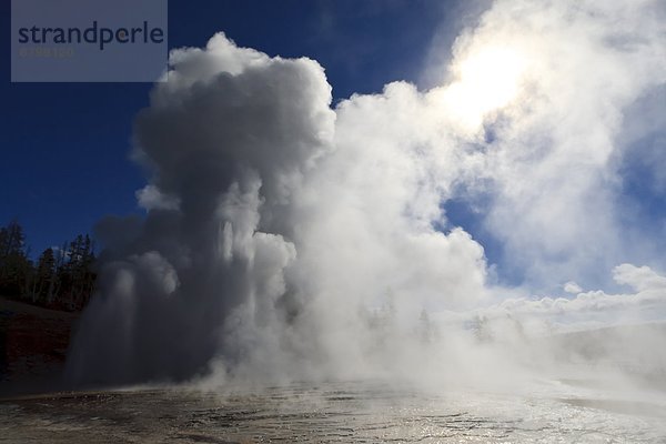 Vereinigte Staaten von Amerika  USA  Vulkanausbruch  Ausbruch  Eruption  Geysir  Ehrfurcht  Wasserdampf  Nordamerika  UNESCO-Welterbe  Yellowstone Nationalpark  Sonne  Wyoming