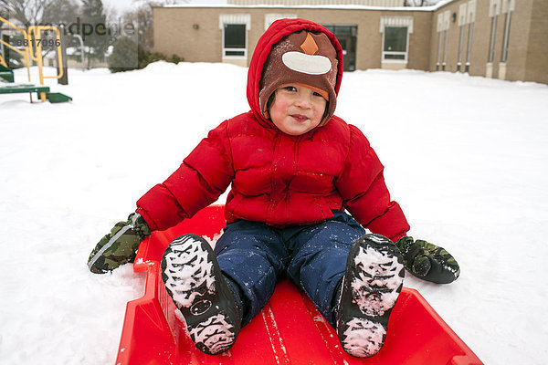 sitzend  Junge - Person  mischen  Mixed  Schlitten  Schnee